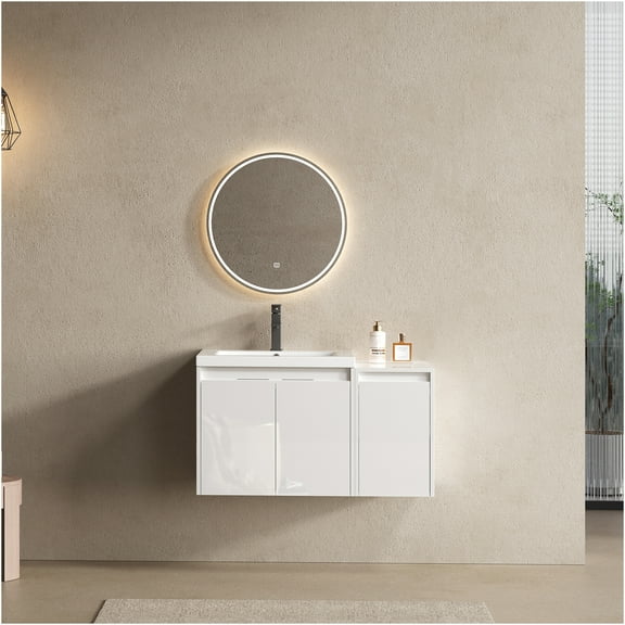 JERFIT 36 inch Modern Floating Bathroom Vanity Set with Resin Sink, Soft Close Doors, Side Storage Cabinet, Wall Mount Design, Glossy White Finish