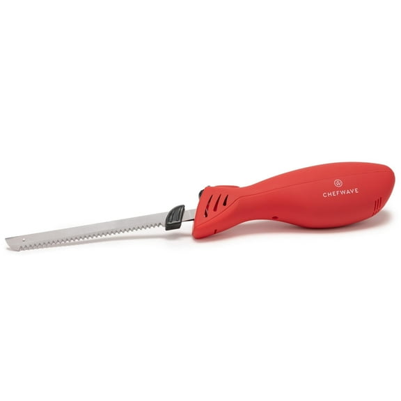 ChefWave Cordless Rechargeable Electric Knife with 2 Serrated Blades and Safety Lock Trigger Release (Red)