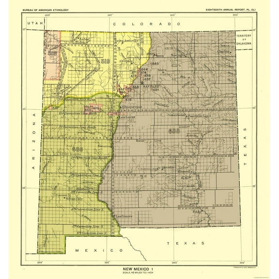 Historic State Map - New Mexico - Hoen 1896 - 23 x 24.57 - Vintage Wall Art