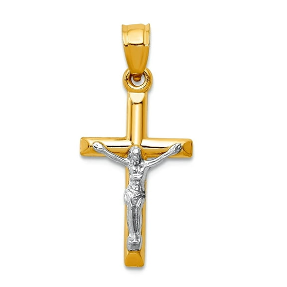 14k Two-Tone Polished Gold Hollow Crucifix Charm 25.4x12.1mm Pendant Necklace for Women - .4 Grams