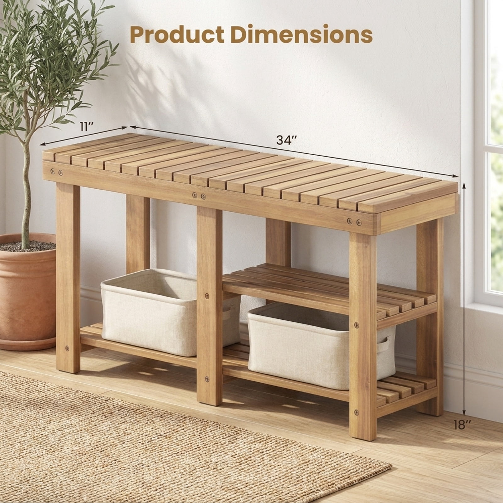 Furnibear 3 Tier Solid Wood Shoe Rack Bench with Slatted Shelves for Entryway Hallway and Living Room Shoe Storage Large Size, Natural