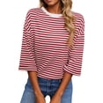 thumbnail image 3 of Striped T Shirts for Women Crew Neck 3/4 Sleeve Tee Back Tie Bow Pullover Top Summer Red M, 3 of 10