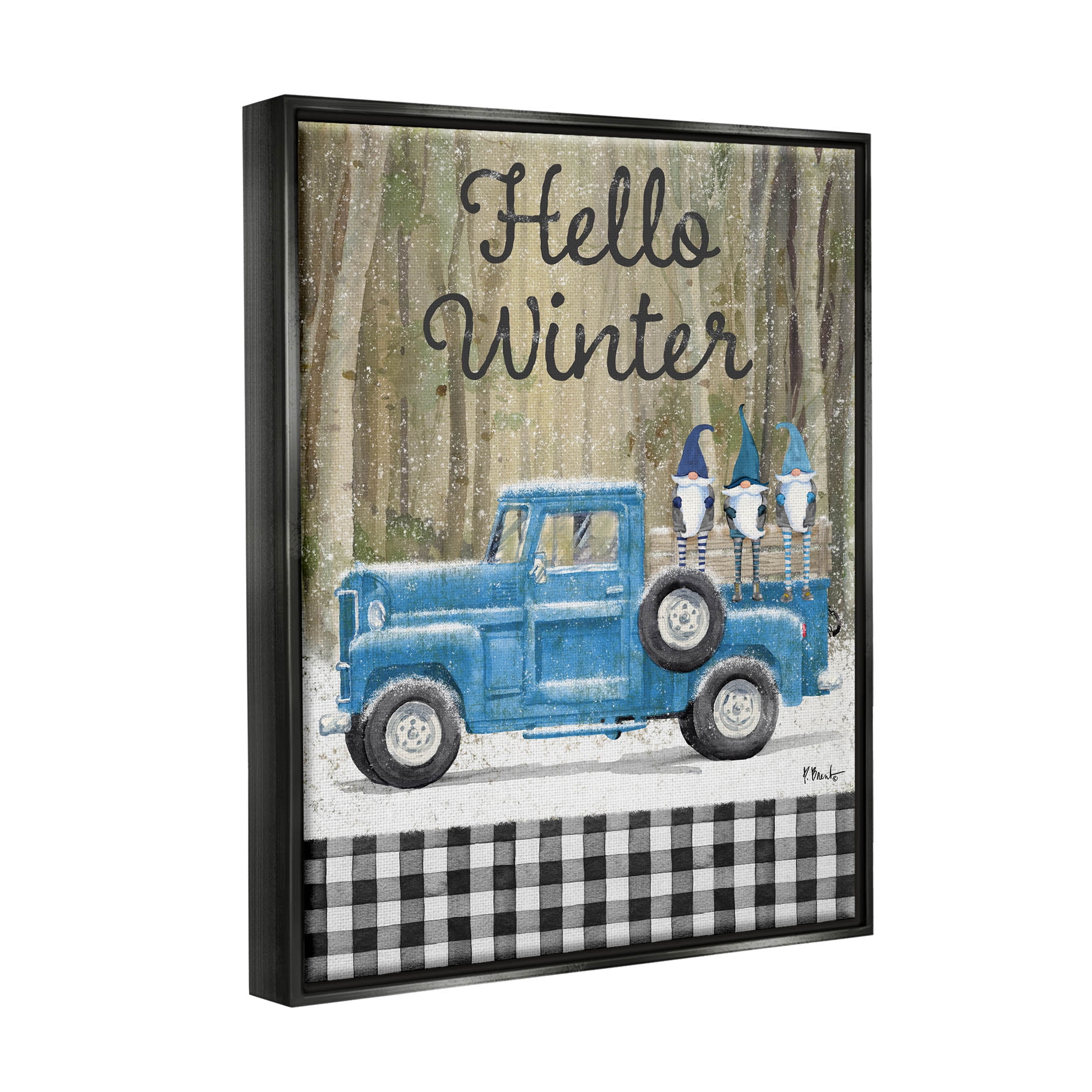Stupell Industries Hello Winter Plaid Gnomes Graphic Art Jet Black Floating Framed Canvas Print Wall Art, Design by Paul Brent