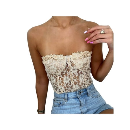 

Canrulo Women Corset Bustier Tube See Through Floral Lace Backless Strapless Bandeau Crop Tops Party Club Wear White L