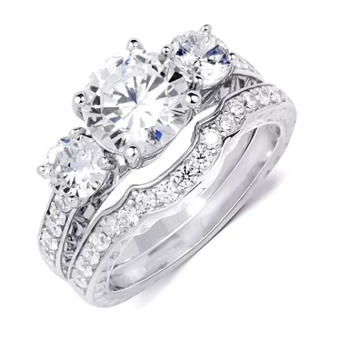 "3.5 Carat Round Cut Wedding Band & Engagement Ring Set, Bridal, 18K White Gold Over Sterling Silver"