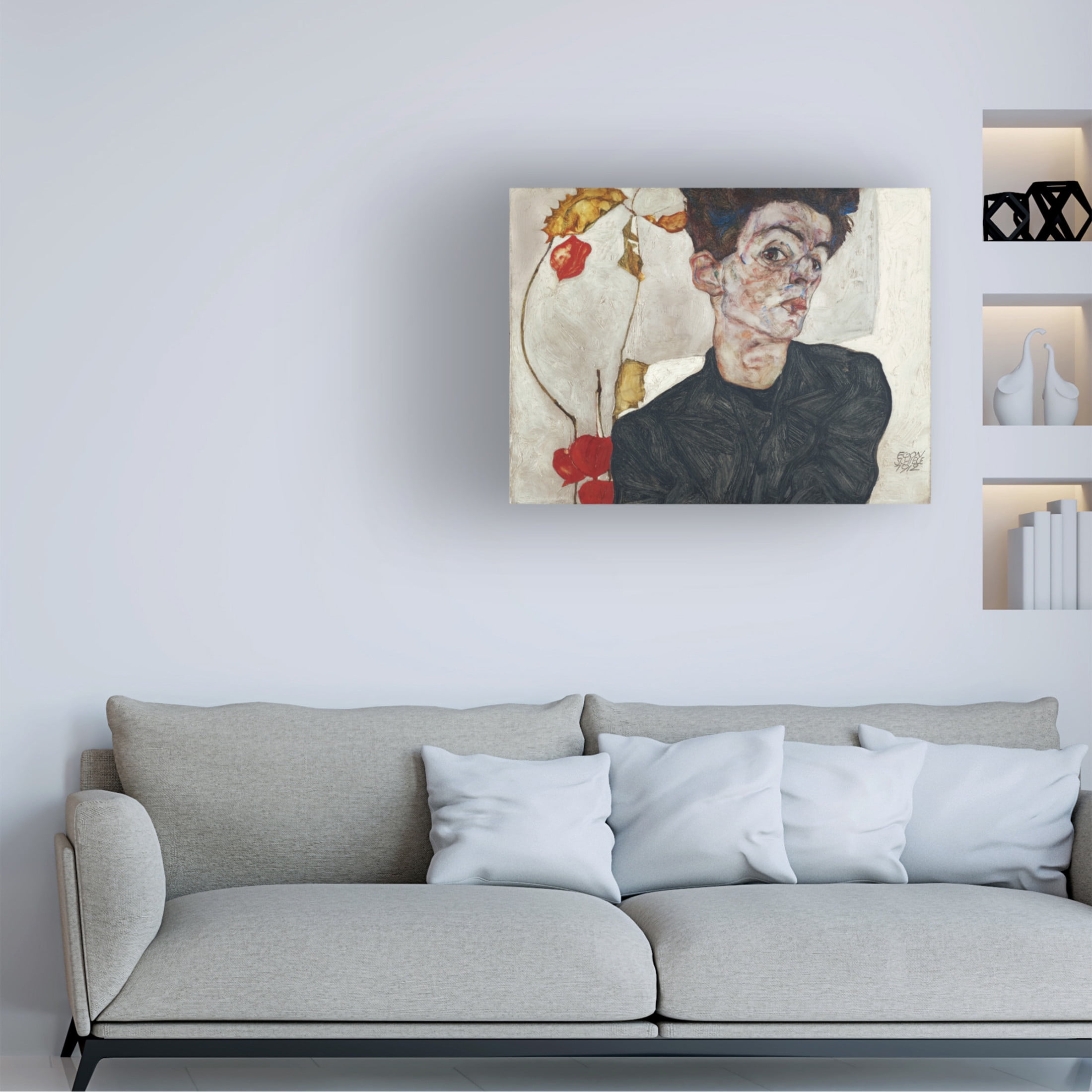 Canvas Wall Art - Pictufy  'Egon Schiele'S Self Portrait With Physalis 1912' Wall Art for Living Room, Bedroom, or Office D?cor by Trademark Fine Art - 19 x 14 Inches