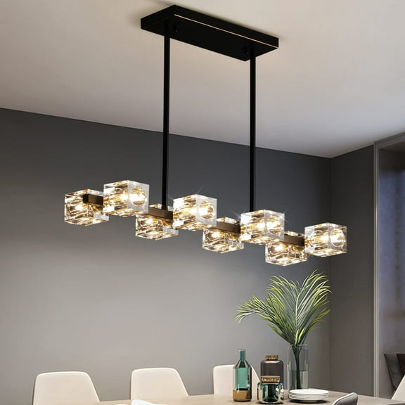 Modern Crystal Chandelier for Dining Room,Black and Gold Pendant Lights Fixture with 8-Lights,Adjustable Height Hanging Ceiling Light for Kitchen Island,Bedroom,Over Table,Living Room