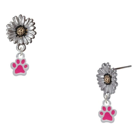 Delight Jewelry Silver-tone Mini Translucent Hot Pink Paw – Two-tone Daisy Flower Post Earrings