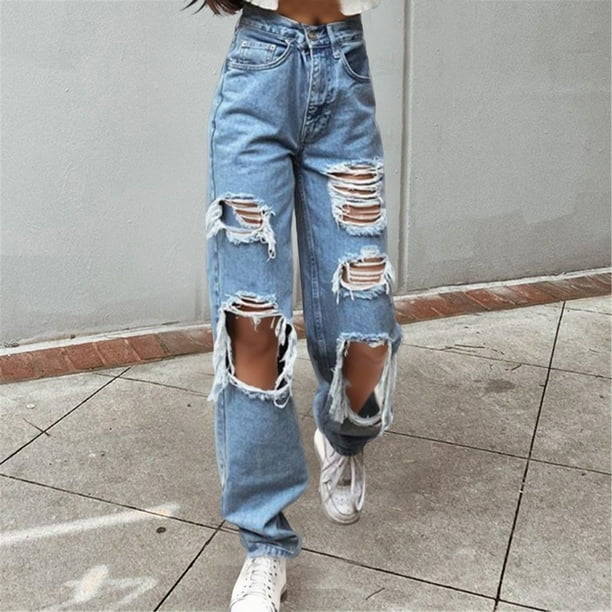 WILLBEST Jeans Mujer Pantalones Vaqueros Elásticos de Cintura Alta Con Botones y Bolsillos Desgastados para Mujer, Cómodos, Holgados E Informales. Chica