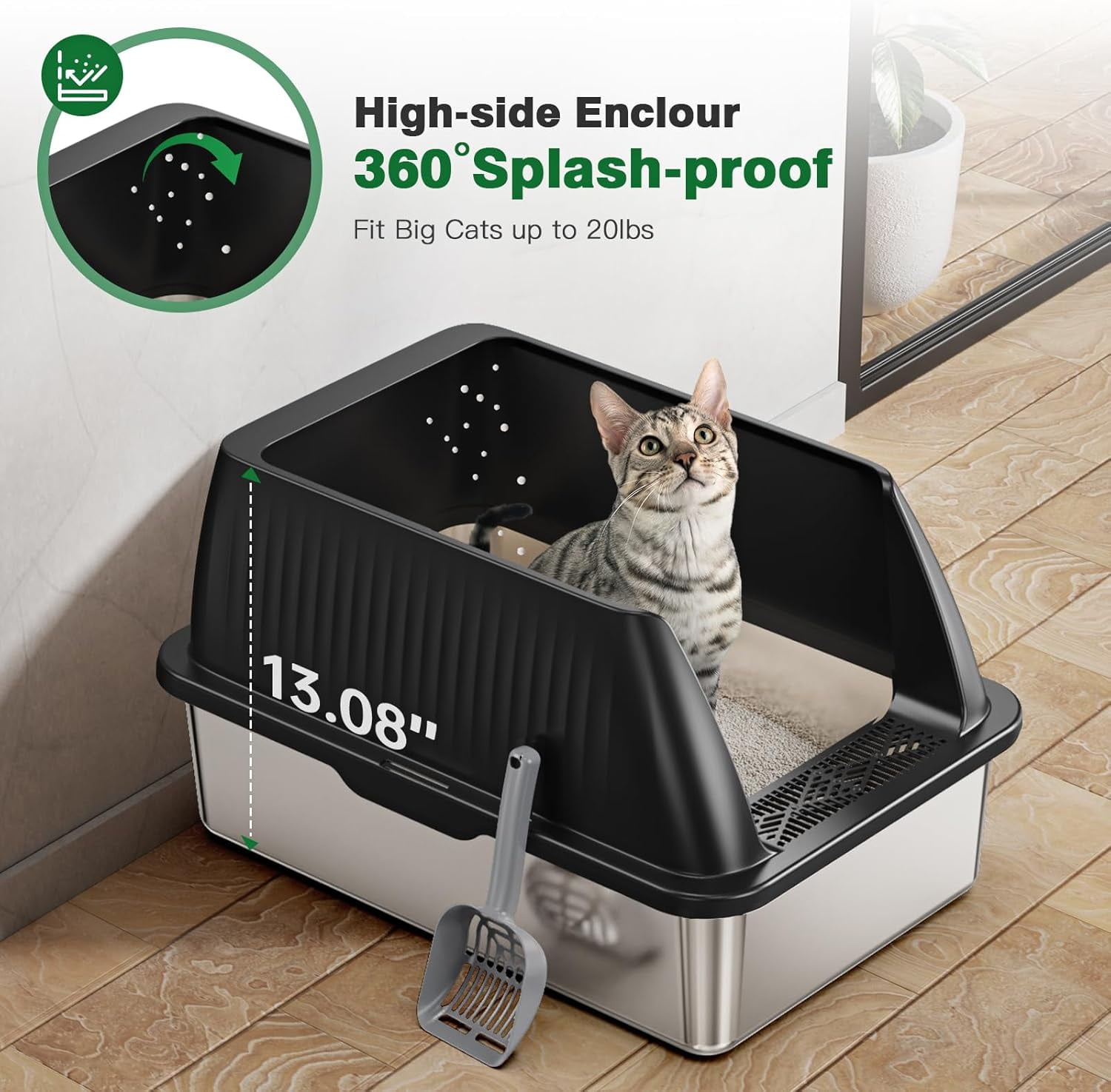 Pawward  Stainless Steel Cat Litter Box with Scoop & Mat, Large Enclosed Litter Box with Lid, Non-Sticky, Anti-Leak, Easy to Clean, High-Walled Design
