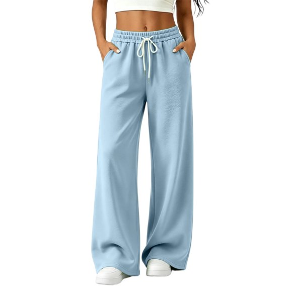 Women's Wide Leg Pants High Waisted Drawstring Elastic Waist Solid Color Loose Palazzo Lounge Pants with Pockets