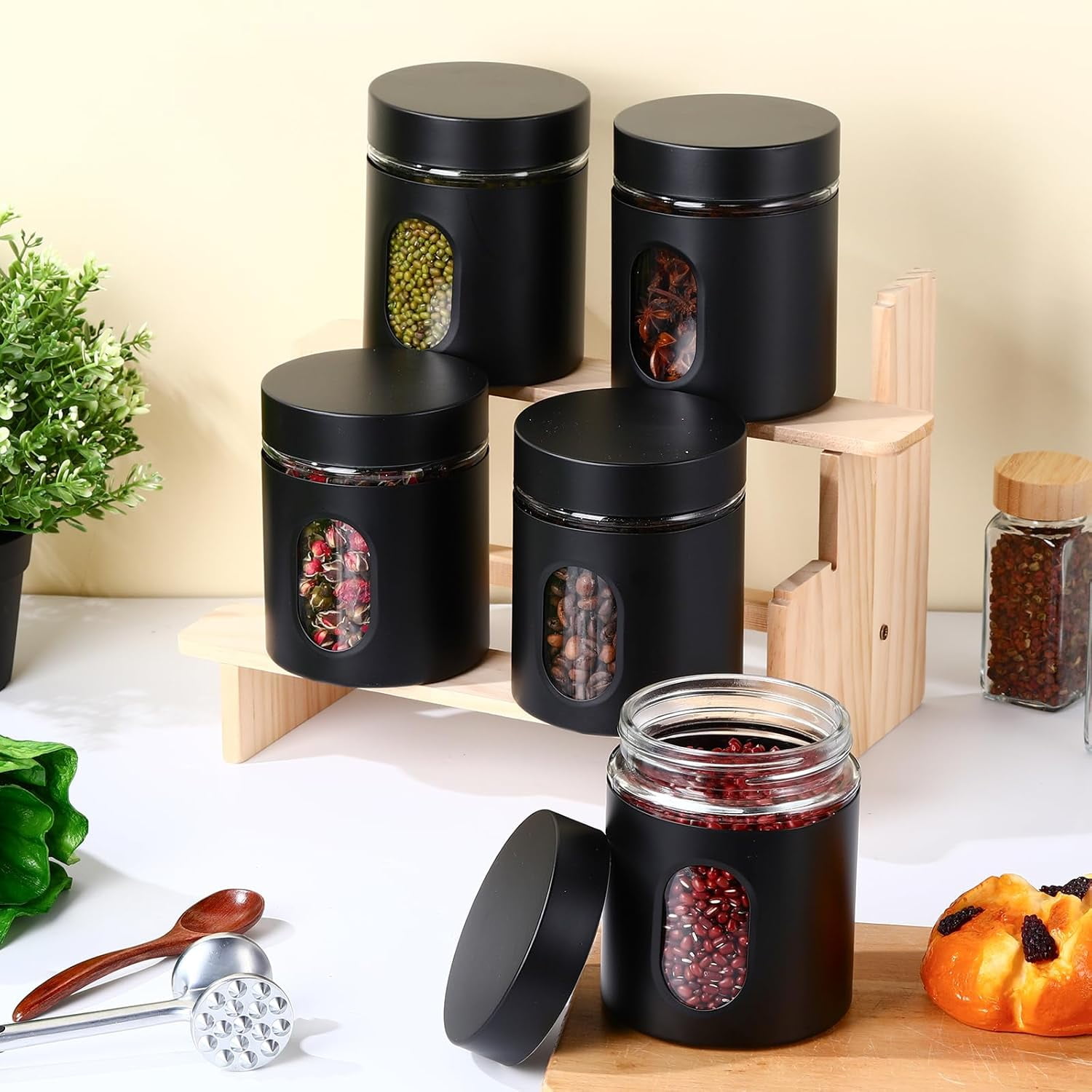 6 Pack Kitchen Canisters Set 20 oz Airtight Stainless Steel Canister Food Storage Container with Window Glass, Coffee Sugar Candy Jars Tea Organizer for Flour Cookies Spice Kitchen (Black)