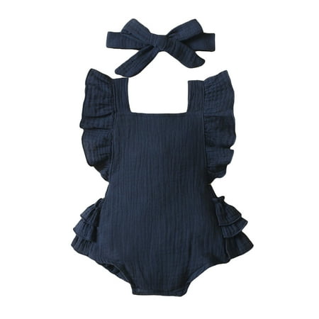 

Infant Girls Bodysuits Ruffle Trim Solid Color Headbands Backless Baby Clothes Newborn Kids Children Loose Fashion Outwear Leisure Spring Summer Rompers Jumpsuits