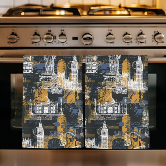 Orange Blue City Kitchen Towels Set of 1, Abstract Architecture Modern Art Absorbent Dish Towels for Kitchen, Microfiber Hand Towel, Quick Drying Tea Towel for Cleaning Decorative Dishcloths