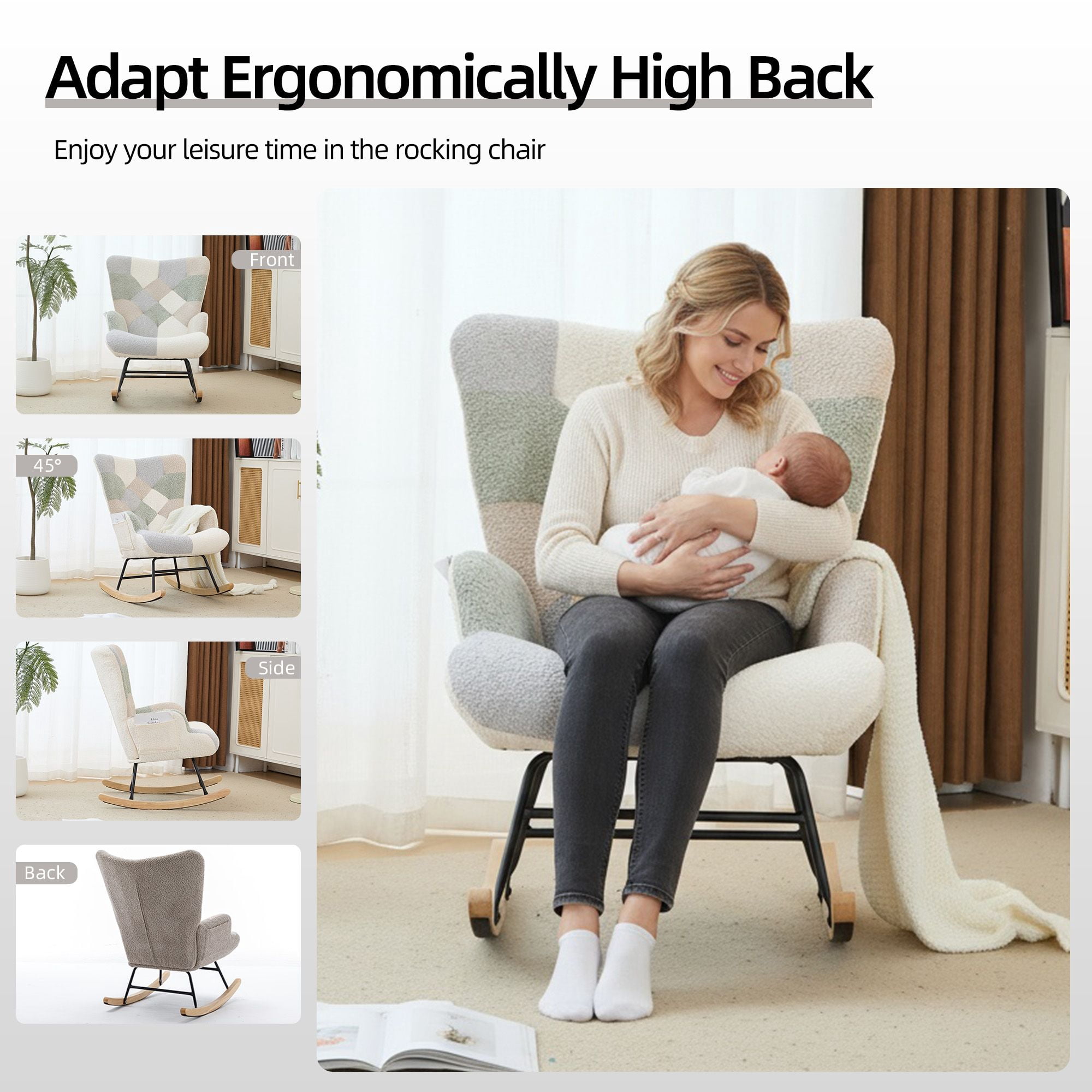 Teddy Upholstered Nursery Glider Rocking Chair - High Backrest Comfy Armchair | Versatile Accent Chair for Living Room, Bedroom, Offices