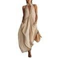thumbnail image 3 of Women's Plunge Halter Sleeveless Pleated Long Romper Knit Jogger Maxi Jumpsuit with Pockets for Summer Beach Vacation Casual Daily Wear Beige L, 3 of 4