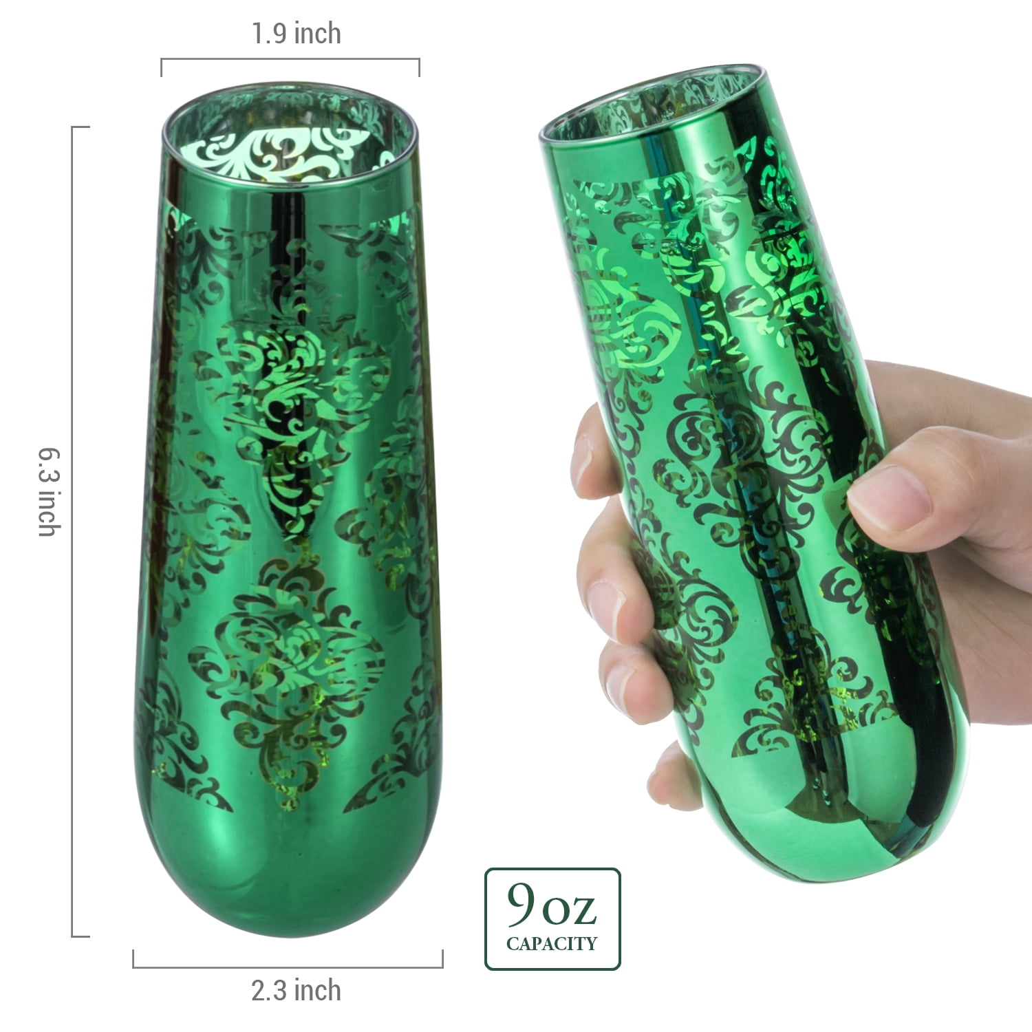 MyGift Set of 4 Modern Christmas Champagne Flutes 9 oz Stemless Sparkling Wine Glasses with Baroque Pattern Multicolored Holiday Drinkware for Parties Home Entertaining