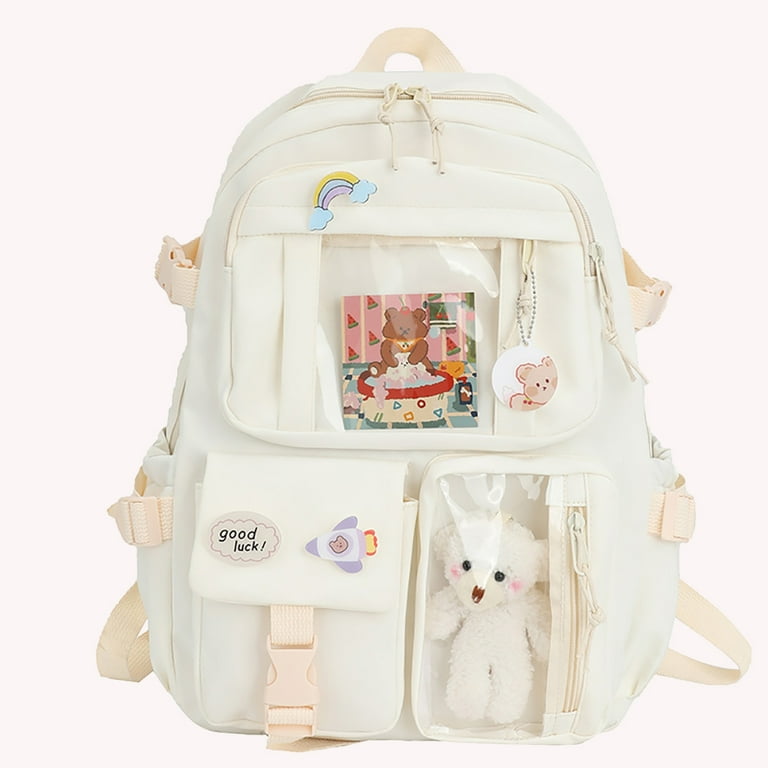 FunnyBeans Kawaii Backpack with Bear Pendant, Aesthetic Canvas