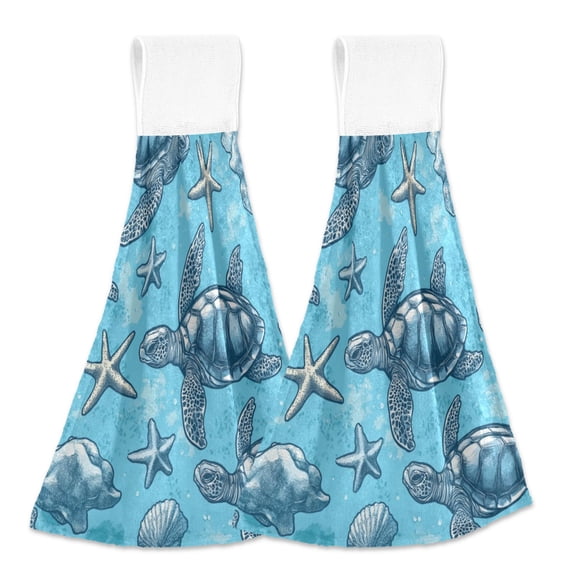 2pcs Kitchen Hanging Towels Bathroom Hanging Towels Velcro Soft Hand Towel Absorbent Tie Towels for Kitchen Toilet Tea Bar Washcloth Decor Sea Turtles and Starfish Pattern