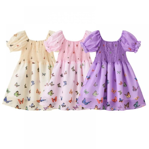 Toddler Kids Girls Party Dress Cute Floral Front Puff Sleeve Summer Flared Dress