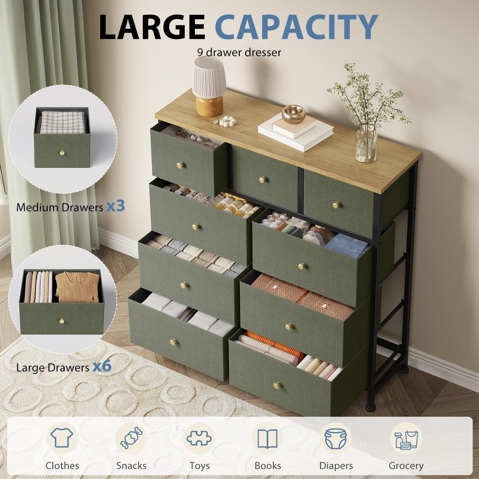 Telyra 9-Drawer Fabric Dresser Tall Storage Tower with Wood Top and Steel Frame Bedroom Closet Organizer, Greyish Green