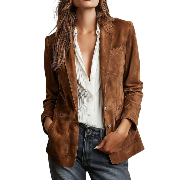Women's Retro Faux Suede Leather Blazer Jacket Notched Collar Work Dressy Business Casual Coat
