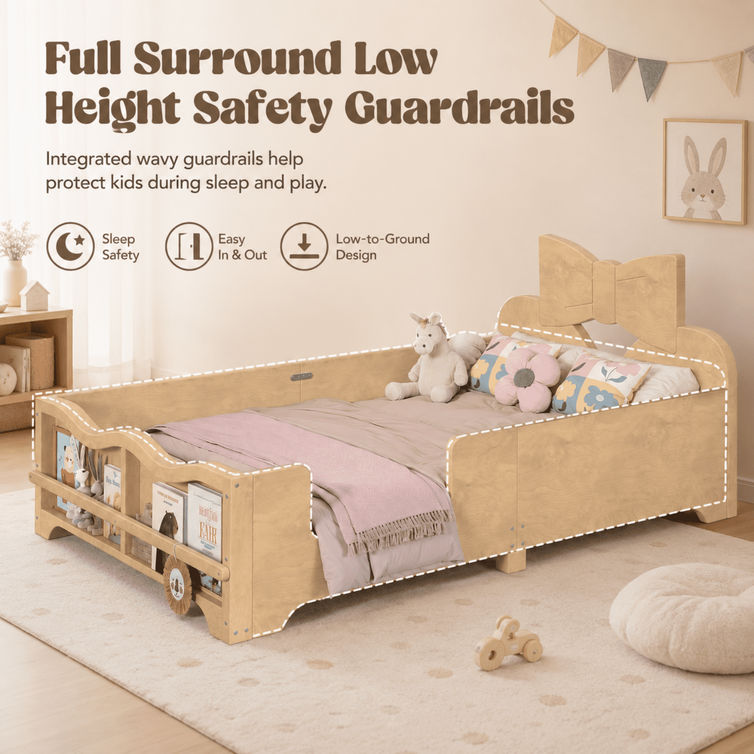 Miniyam Kids Twin Montessori Floor Bed with Guardrails and Built-In Bookshelf, Bowknot Headboard, Natual