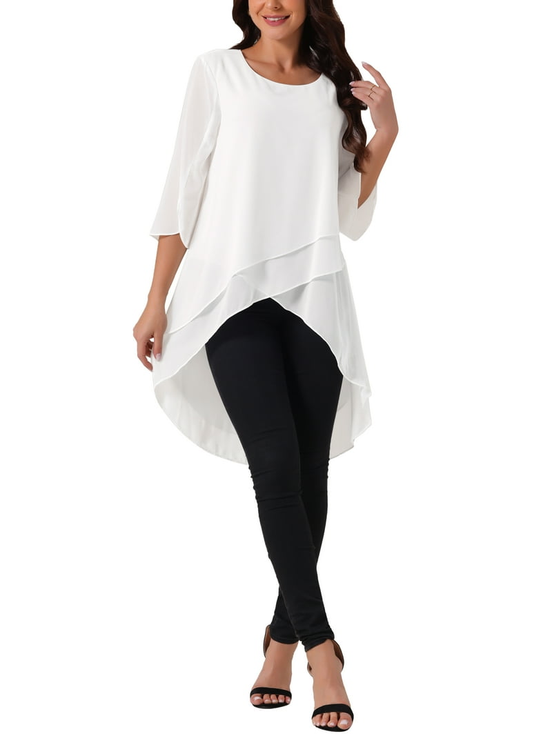 Women's High Low Tops Scoop Neck Chiffon Blouse Asymmetrical Loose