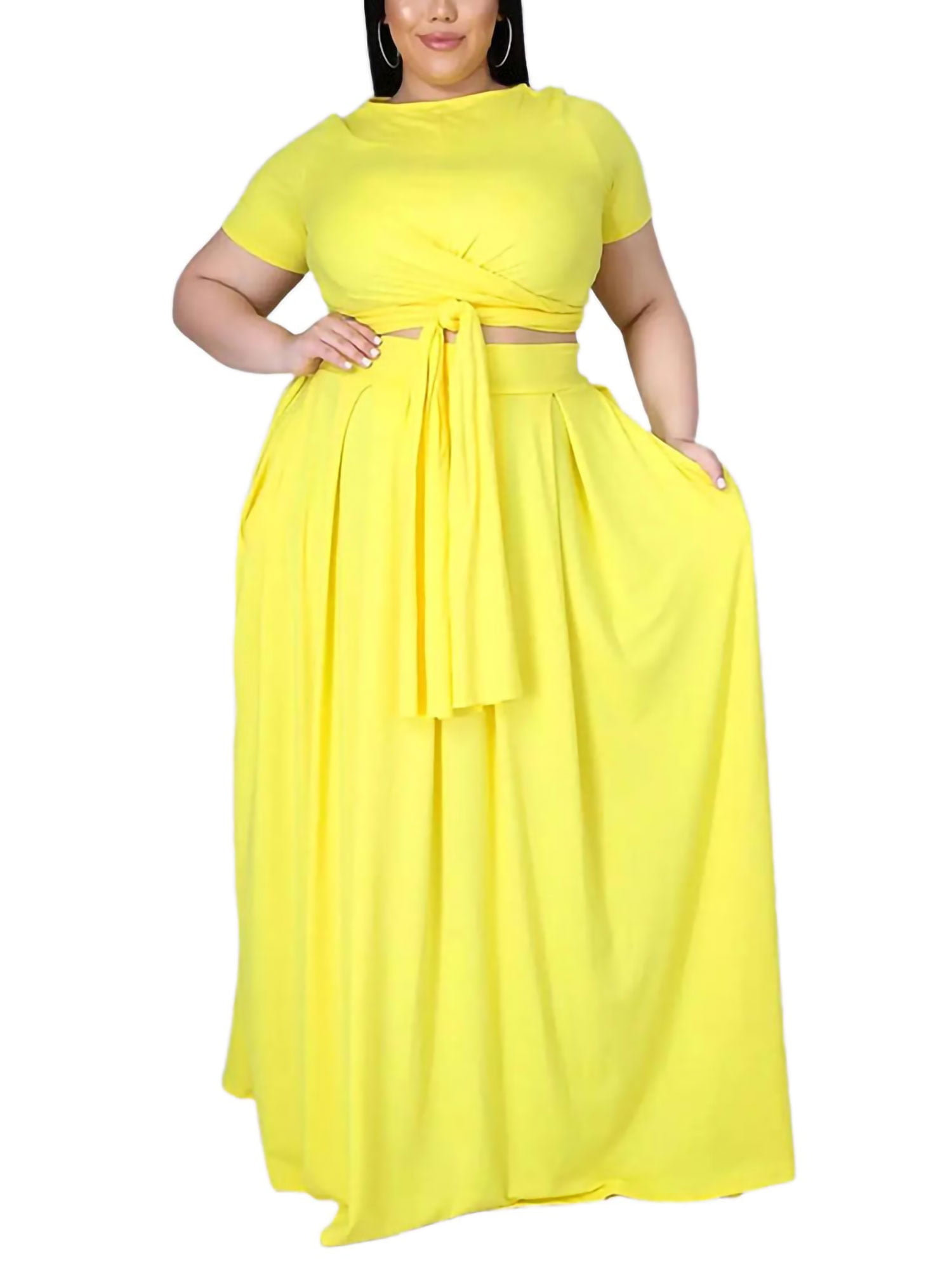 MAWCLOS Womens Plus Size 2 Piece Outfits Summer Solid Color Short Sleeve  Tops and Long Skirts Casual Sets for Beach Vacation