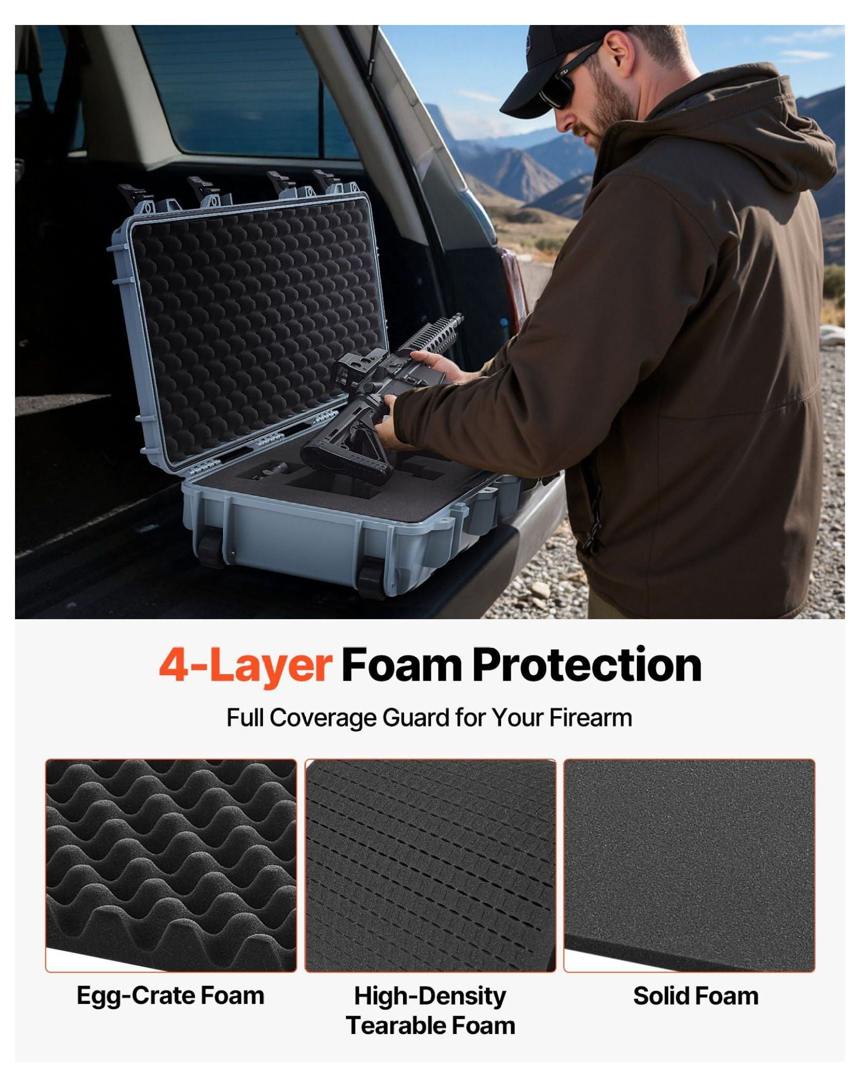 Rifle Case Lockable with Wheels, 40in Gun Storage, Waterproof Hard Case for Rifles Shotguns, Pre-Cut Foam Interior, Portable Pistol Case - Grey