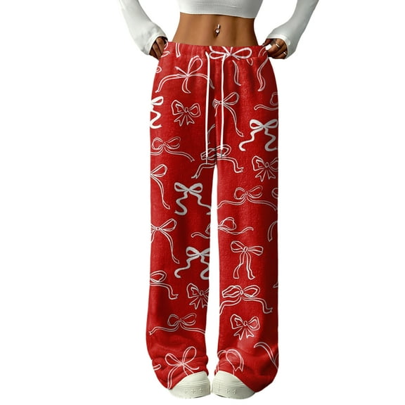 Hearthz Fuzzy Pajama Pants Bow Soft Fuzzy Elastic Waist Wide Leg Sleep Pants with Pockets Fall Winter Warm Pj Bottoms for Women