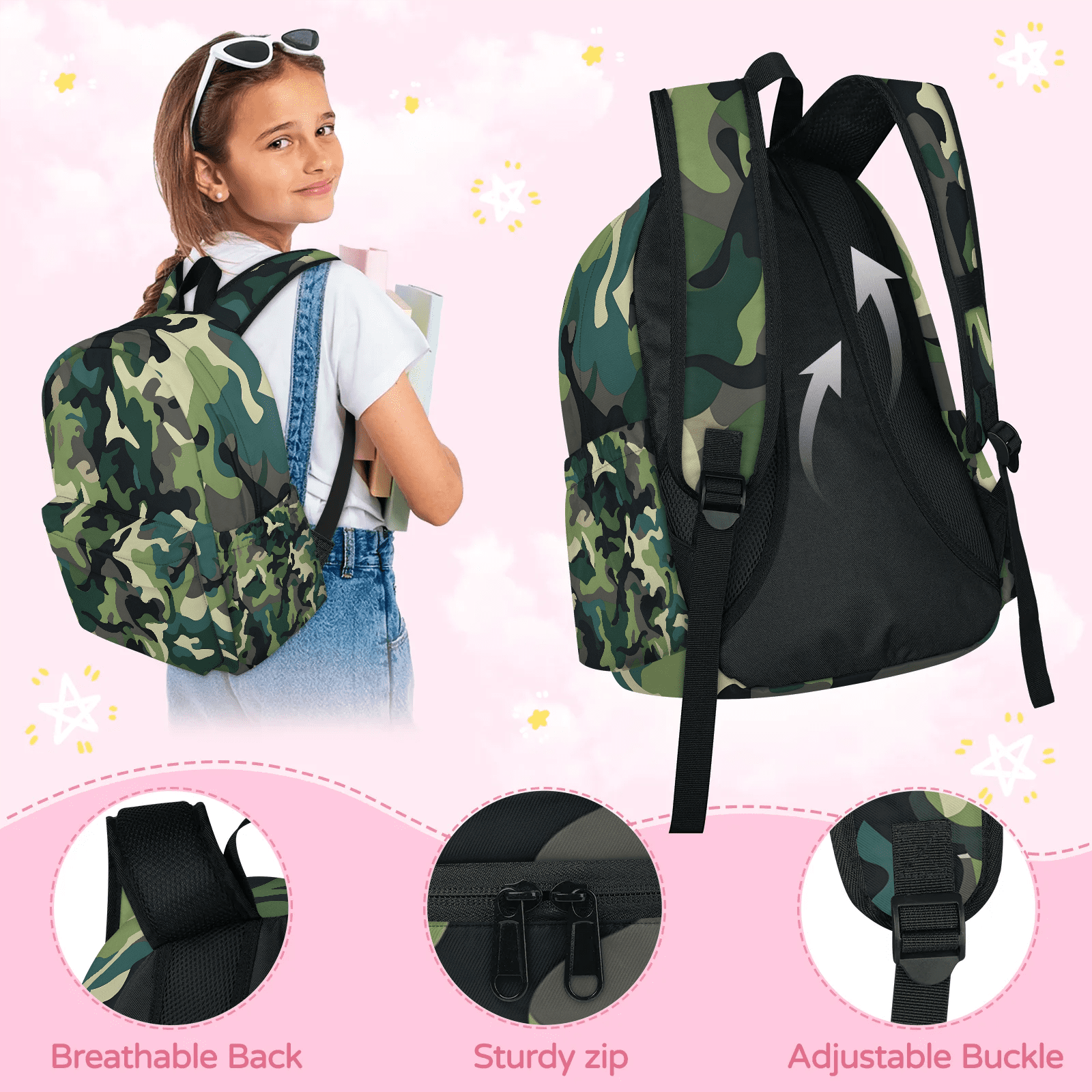 Herdesigns Green Backpack for Men Women, Lightweight Laptop Backpack 16.3 Inch Camo Casual Daypack for Travel Work Commuter