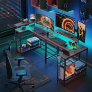 Pinmoco 42 Reversible L-Shaped Gaming Desk with Monitor Stand, LED Lights& Headset Hooks, Home Office, Carbon Fiber Black