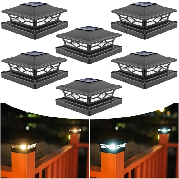 4x4 Solar Post Cap Light 6 Pack, Solar Fence Post Lights Outdoor Waterproof for Wooden/Vinyl Post, Deck Post Cap Light Solar Powered for Garden/Patio/Porch, Black