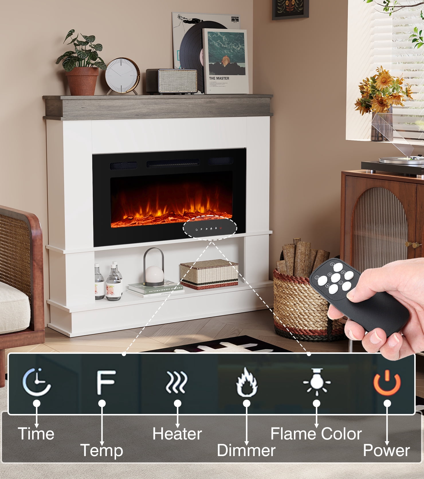 Maxhonor 38.6 Inch Electric Fireplace with 3D Flame & Heater, Classic Wood Design & Remote Control