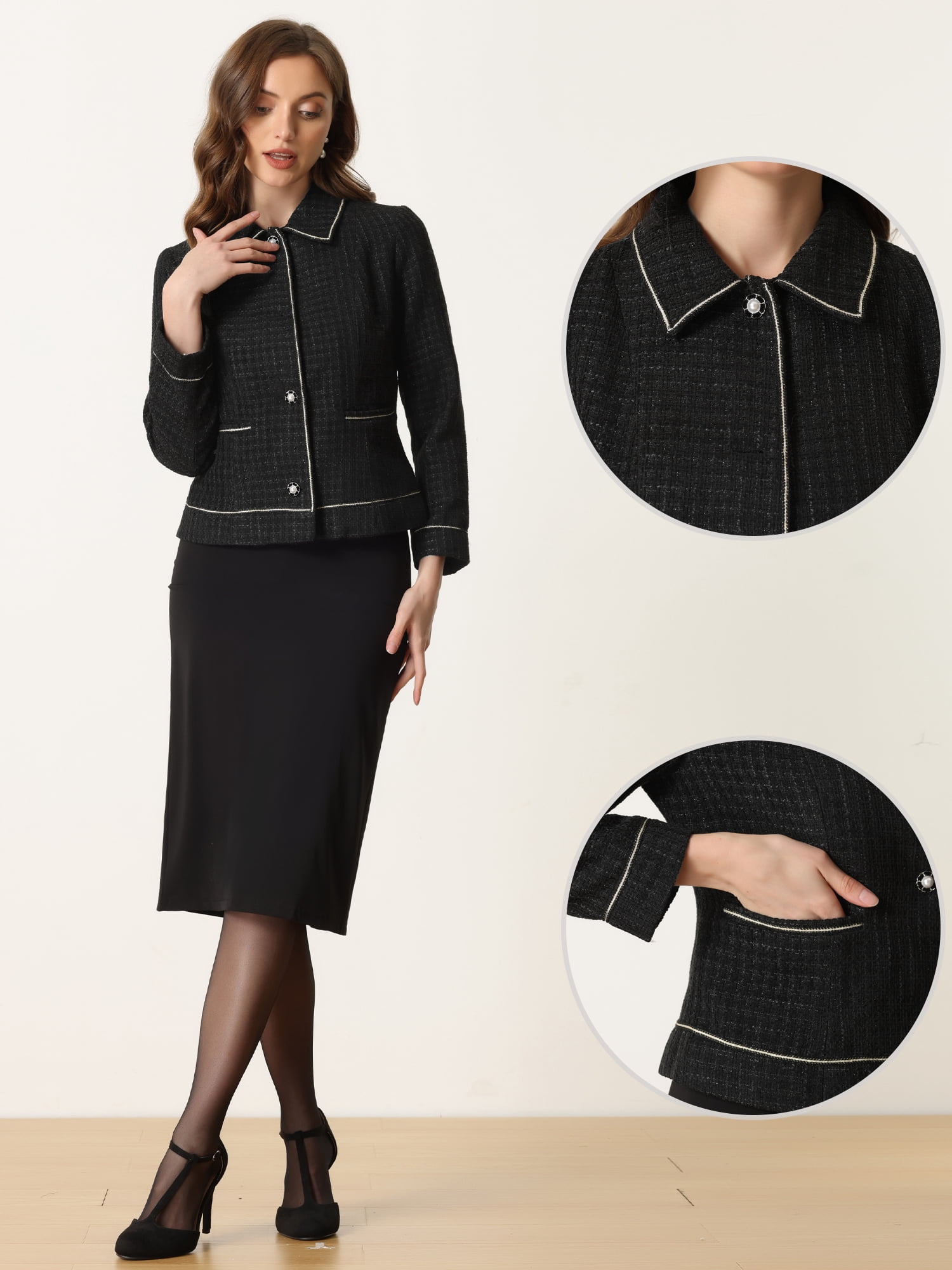 DARING DIVA Pearl Button Contrast Trim Coats Fashion Jackets XS Black