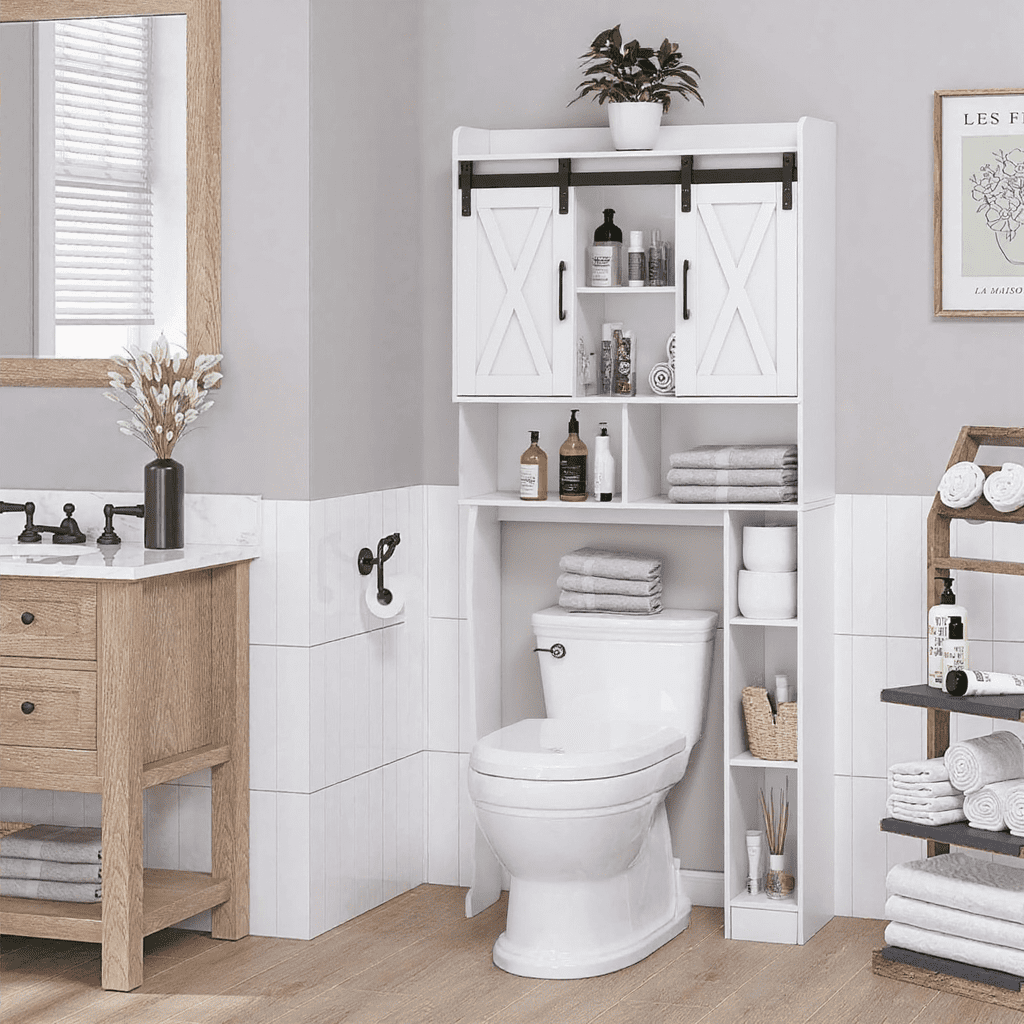 Vabches Over The Toilet Storage Cabinet with Sliding Doors & Toilet Paper Holder, Bathroom Organizer Space Saver, White
