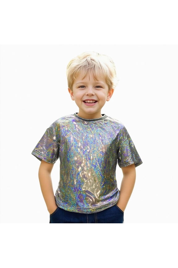 Kids Boys Girls Metallic Shiny T-Shirt Dance Tops Short Sleeves Loose T-Shirt for Performance(Black,7-8 Years)