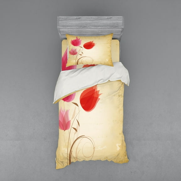 Ambesonne Floral Bedding Set 3 Pcs, Red Flowers Nature, Twin XL, Sand Brown Red Pink