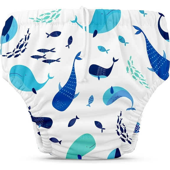 Charlie Banana Reusable Swim Diaper Drawstring Multi-Color Whale on White Size L (22-34 lbs) 1 Pack