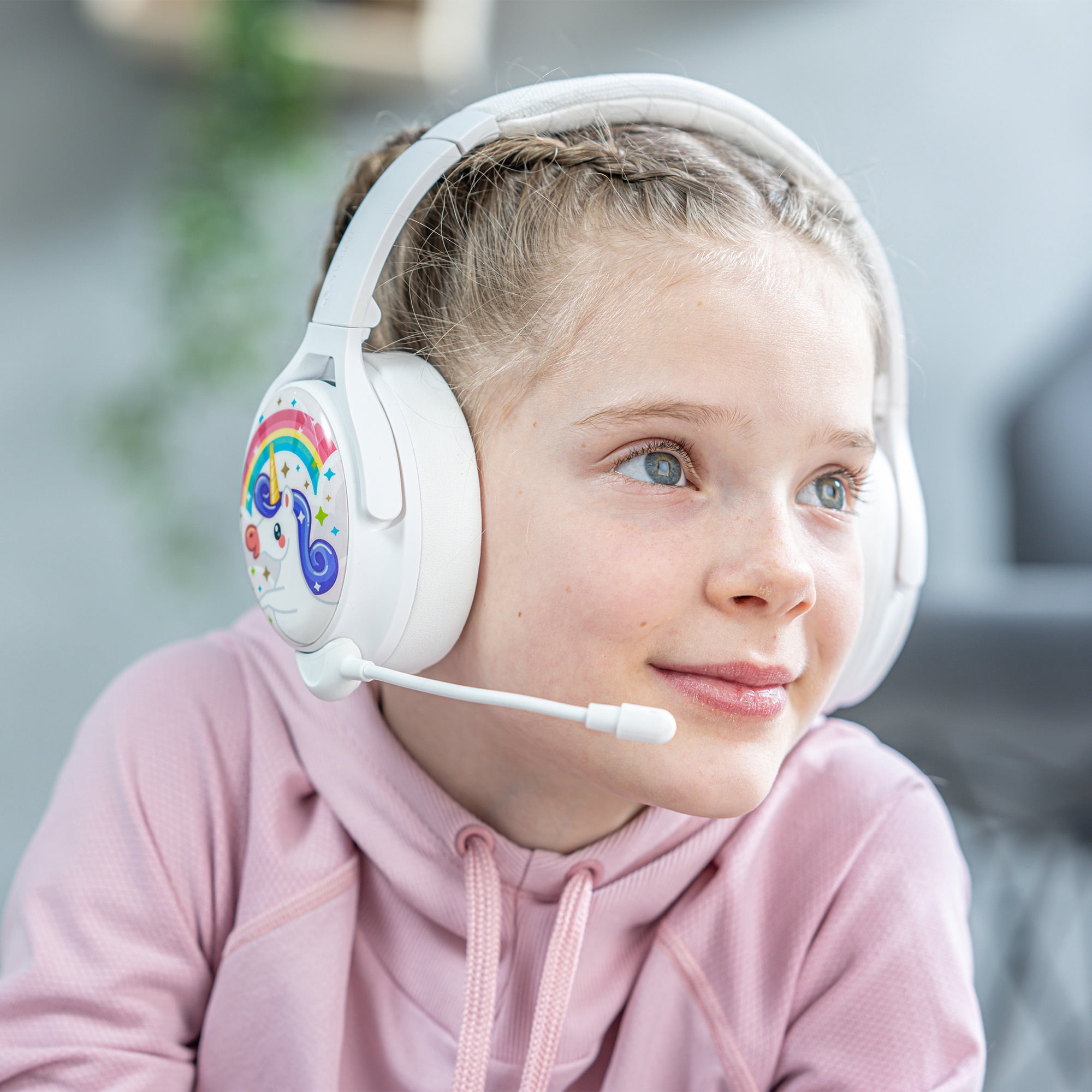 BuddyPhones Cosmos+, Over-Ear Bluetooth Wireless Noise Cancelling Kids Headphones with Detachable Boom Mic, 3 Volume Limiting Settings, Voice Enhance StudyMode, 24-Hrs Battery, Foldable, Snow White