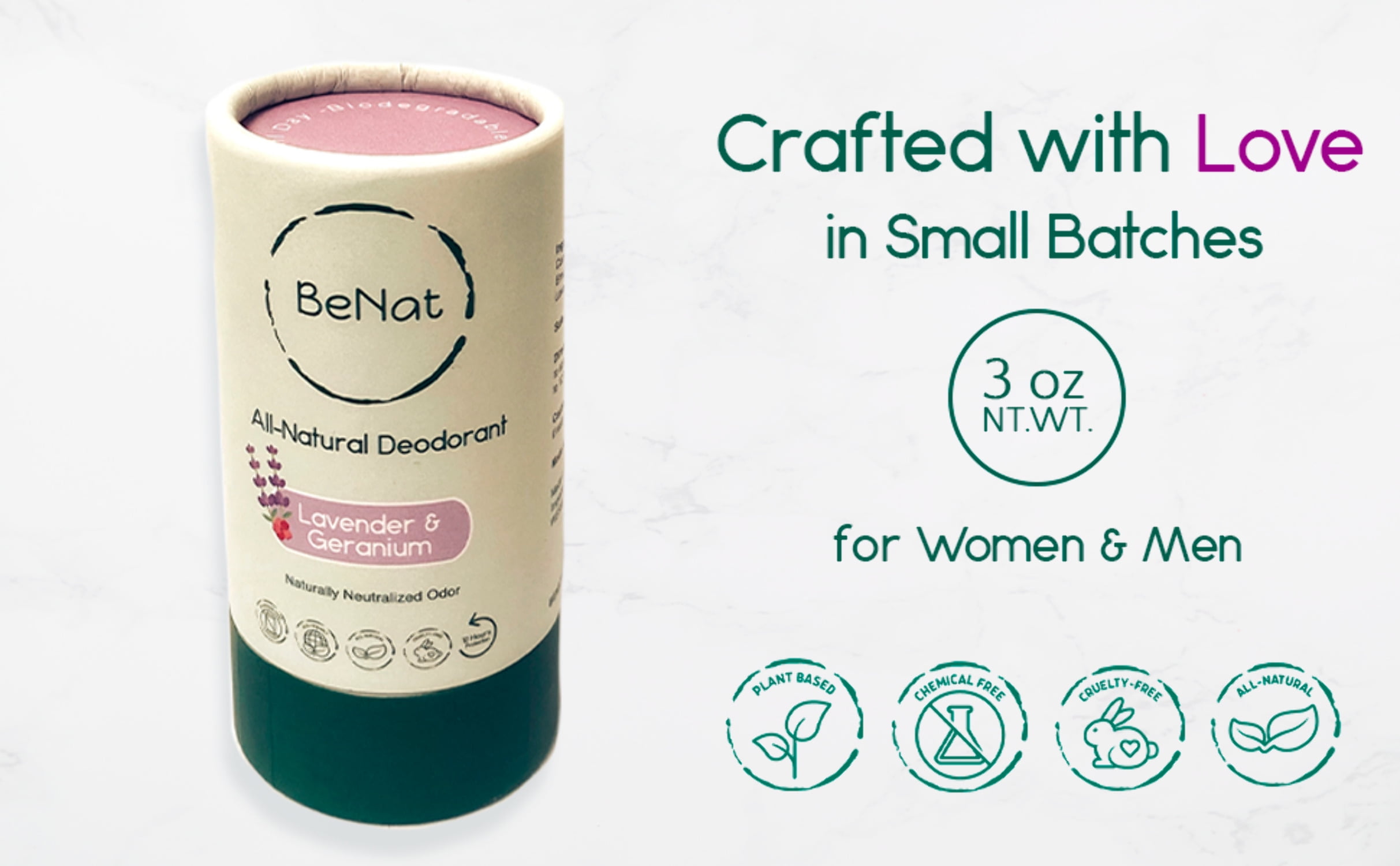 BeNat. 2-Pack. All-Natural Deodorant. Zero-Waste. Lemon & Tea Tree. Eco-Friendly.