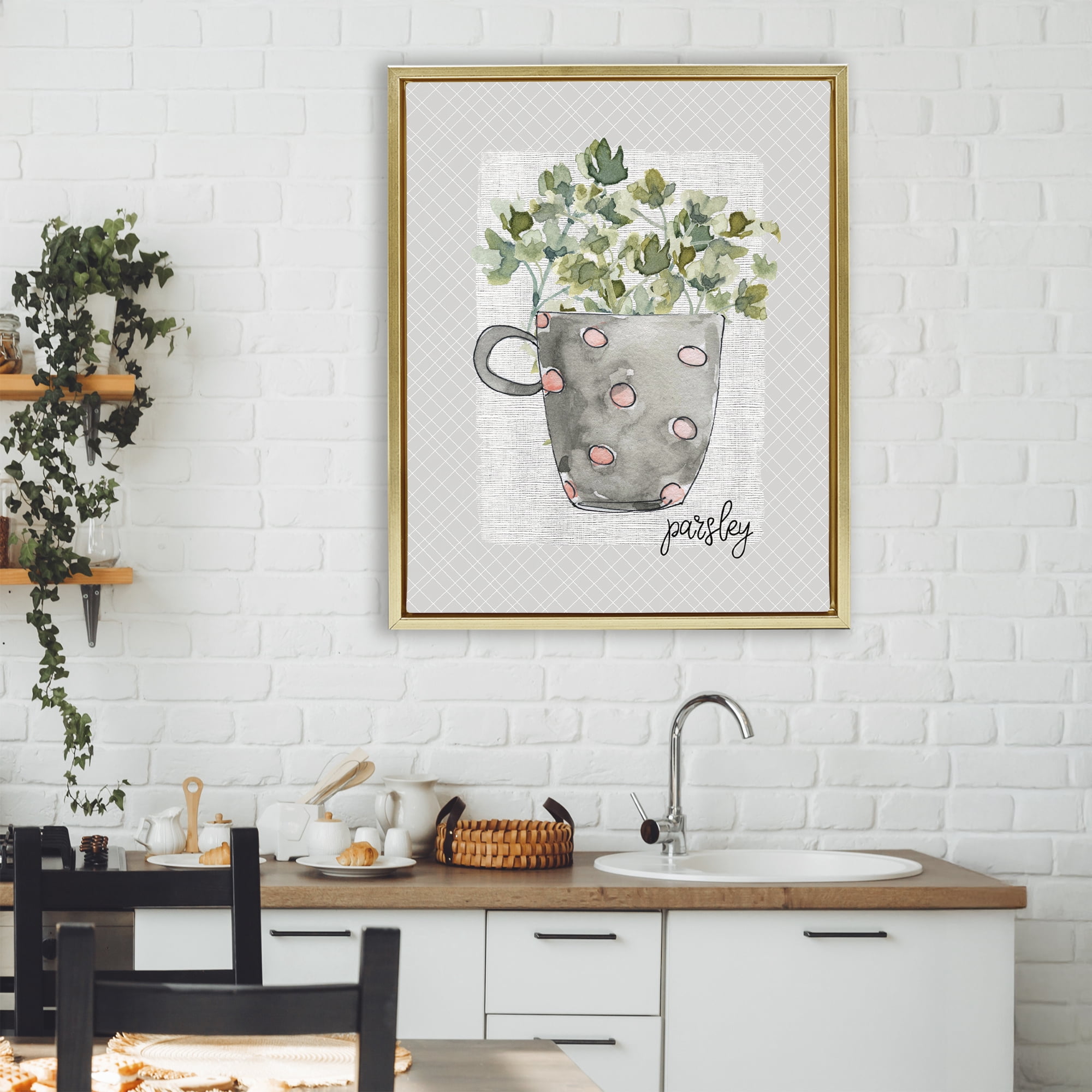 Stupell Industries Parsley Herb Mug Gold Framed Floater Canvas Wall Art, design by Livi Finn