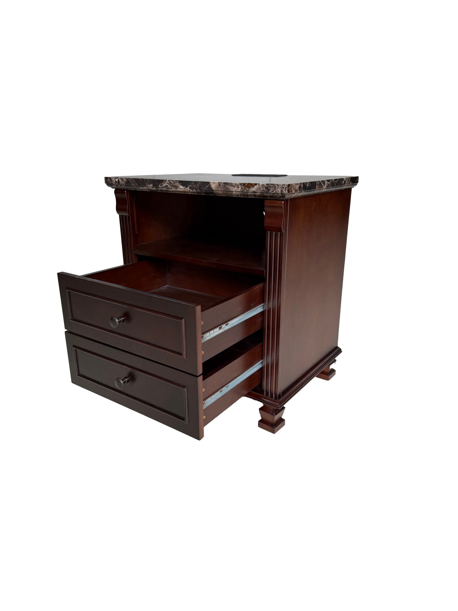 Tall Modern Nightstand with Charging Station, Bedside Table with 2 Drawers, Marble Grain Storage End Table with USB Ports and AC Outlets for Bedroom, Living Room, Brown