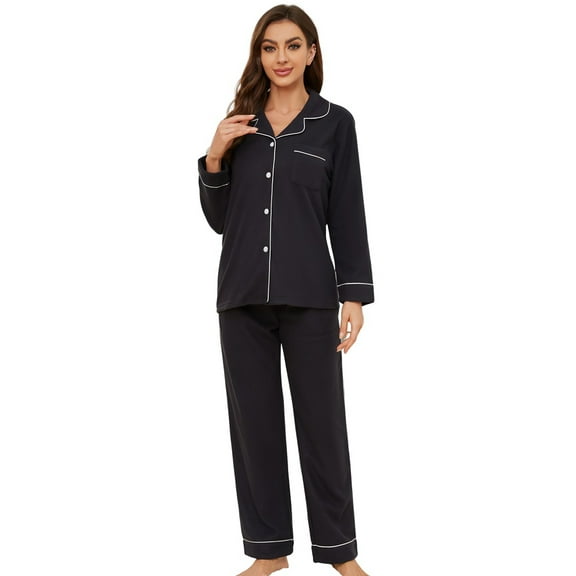 U2SKIIN Womens Button Up Pajama Sets, Soft Long Sleeve Flannel Knit Lounge Sets,(Black,L)