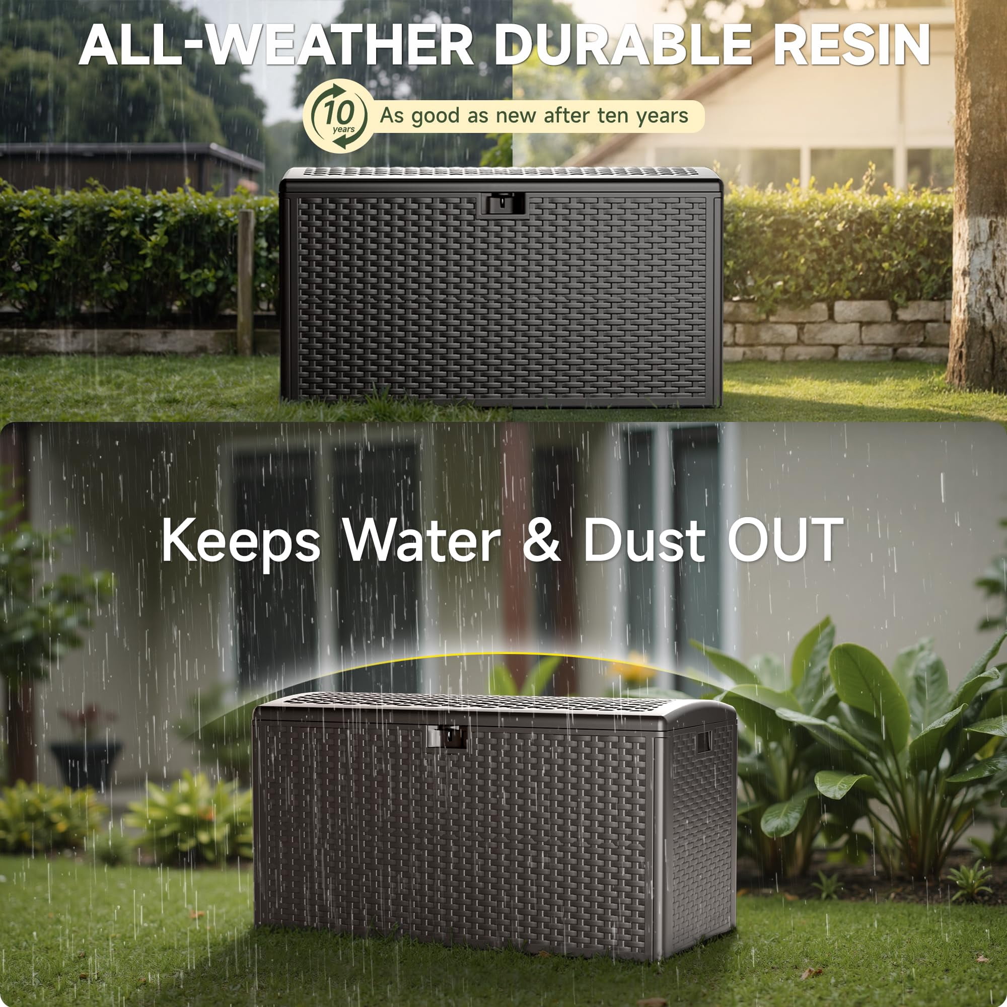 T-SKR 90-Gallon Double-Layer Blow-Molded Resin Storage Chest, Weatherproof Lockable for Patio & Garden Supplies, Brown