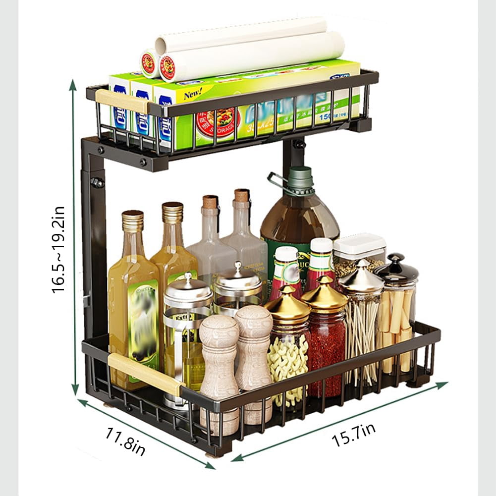 Under Sink Organizer, Metal Pull Out Cabinet Organizer Shelf, High Adjustable 2 Tier Under Kitchen Sink Organizer, for Home, Laundry, RV, Pantry