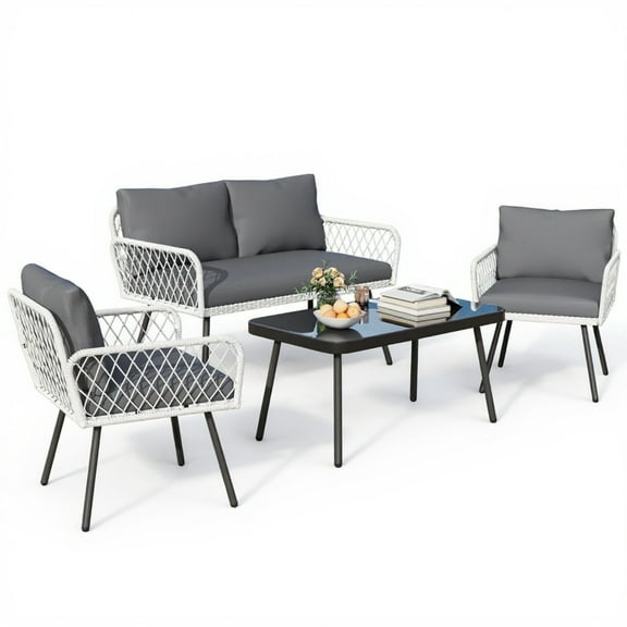 WildBreak 4-Piece Patio Sectional Set - Handmade Rattan & Metal Frame Sofa with Coffee Table,Grey