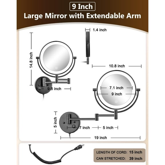 9" Wall Mounted Lighted Makeup Mirror with 1X/10X Magnifying, 3 Color LED Vanity Mirror, Touch Dimmable 360° Swivel for Bathroom