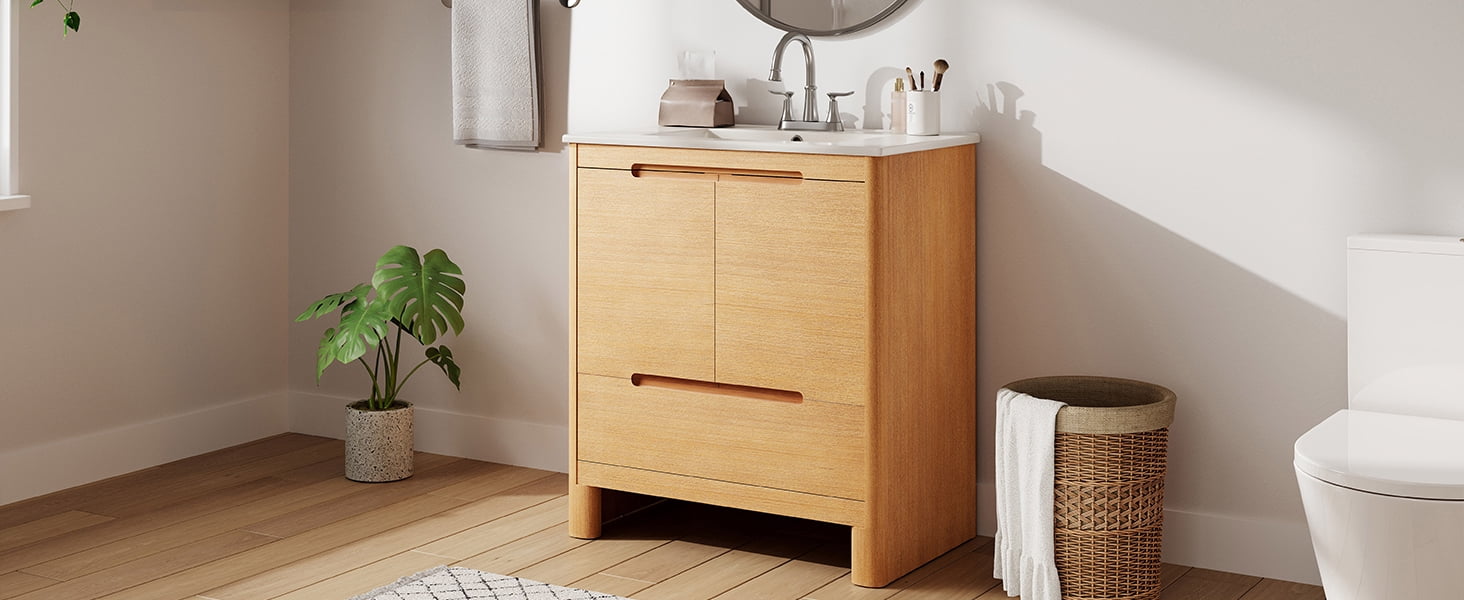 LiviNest 30" Bathroom Vanity for Small Space: 5 Storage Zones & 110lb Top - Soft-Close Doors & Drawer - Adjustable Shelf & Ceramic Sink All-in-One Package